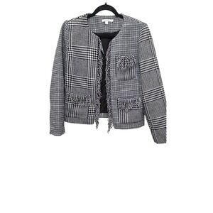 Chico Women 6 Black & White Houndstooth Tweed Jacket Fringe Trim Open Front Long